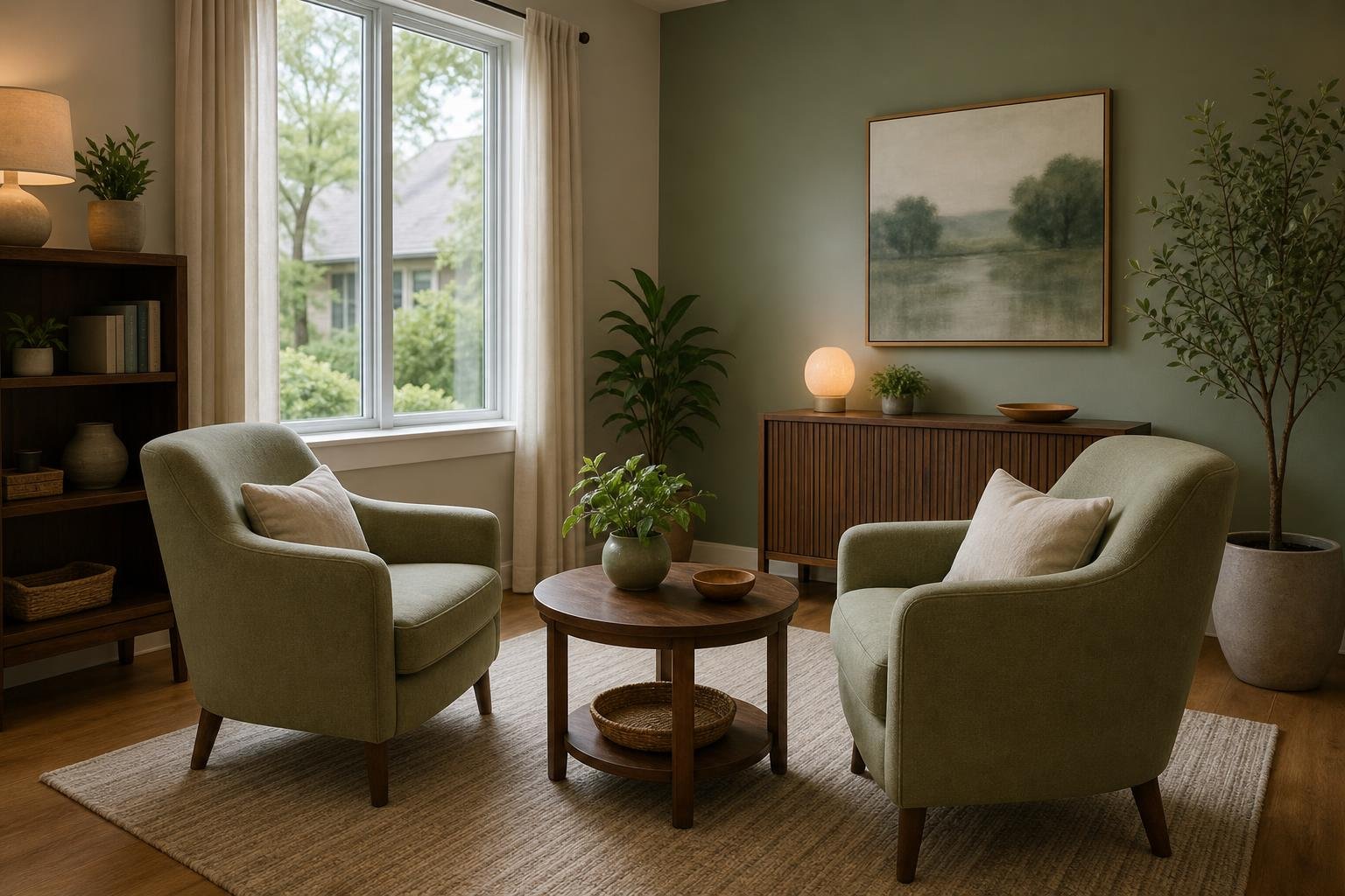 A cozy modern living room with two upholstered chairs, a round coffee table, a window, shelving, and decorative plants.